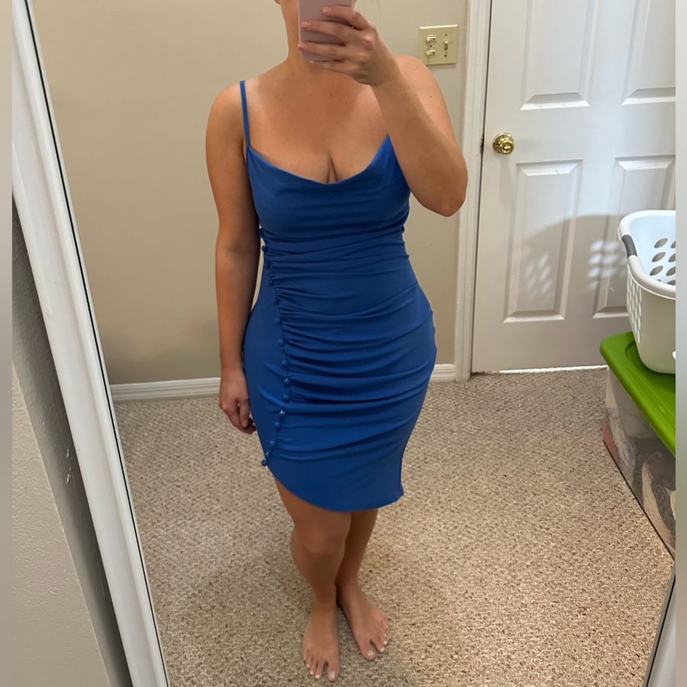 Cider Blue Solid Ruched Button Asymmetrical Dress… - image 1